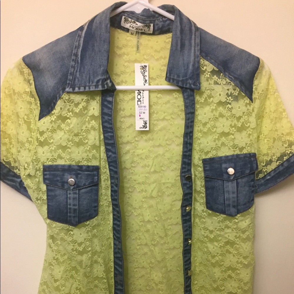 Bright Lime Green Lace Shirt With Denim Collar M